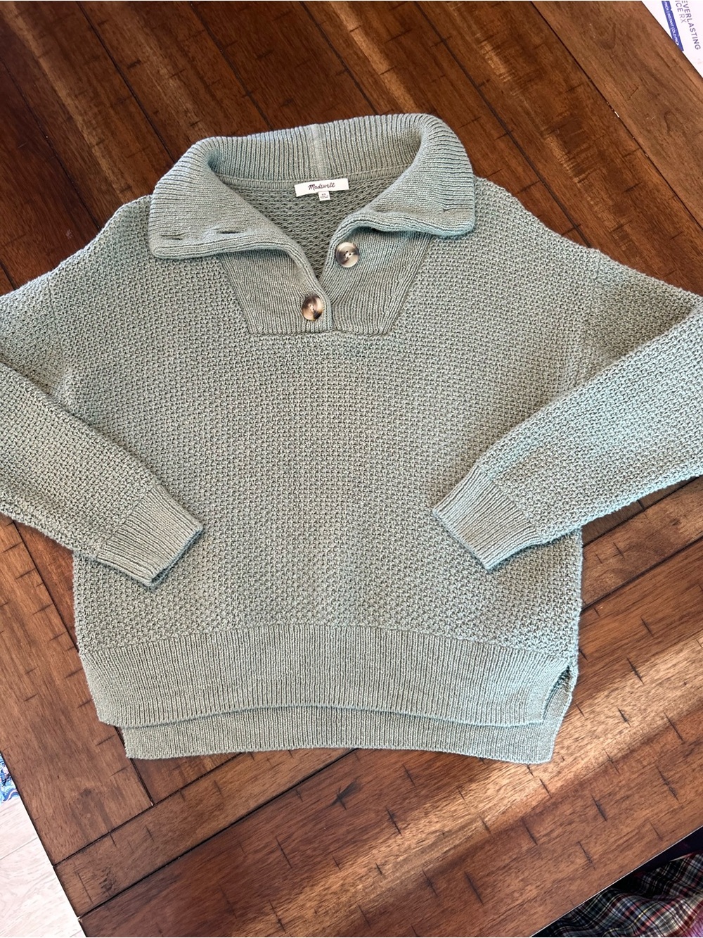 Madewell Sage Green Textured Knit Sweater Collared Pullover XS Cozy Chunky